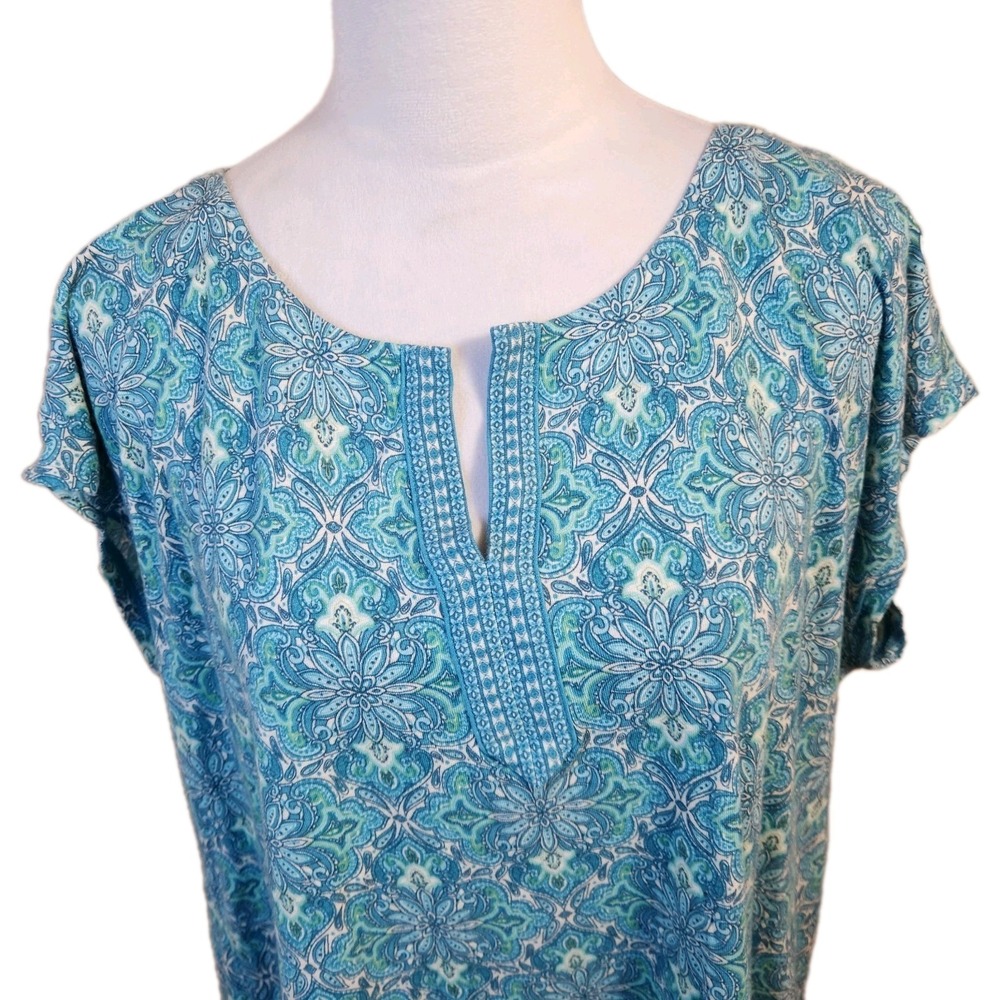 J Jill Womens Split Neck Tunic Top Sz XL Petite Dragonfly Blue Green Print Shirt